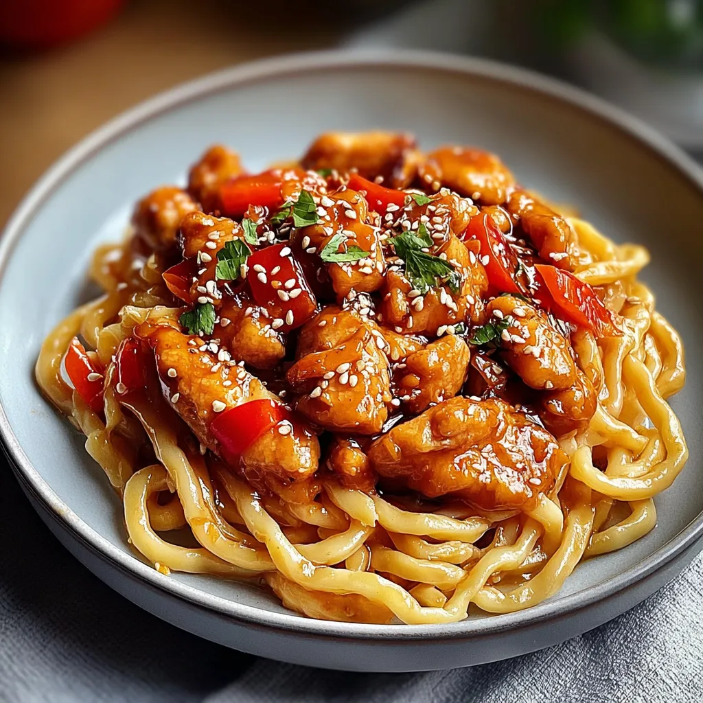 A plate of chicken and noodles.