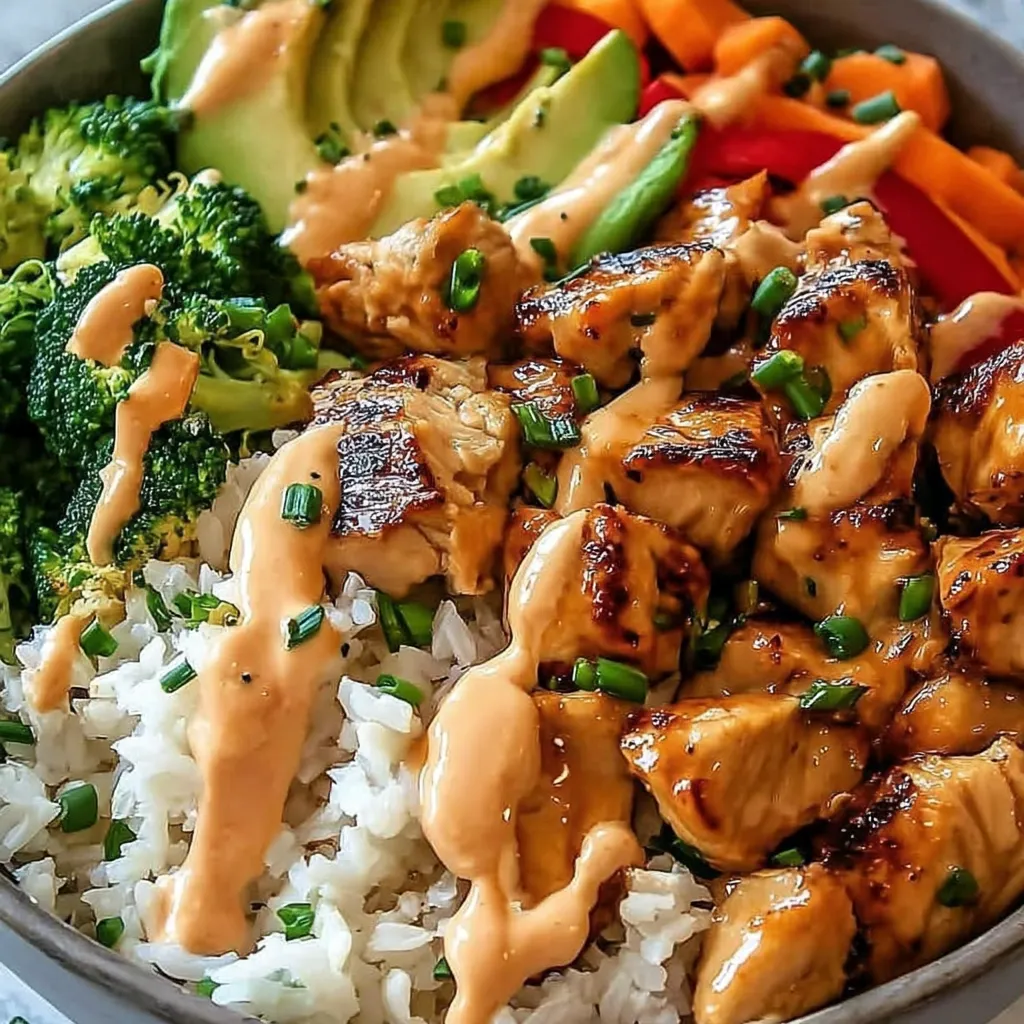 A bowl of food with rice, broccoli, carrots, and chicken.