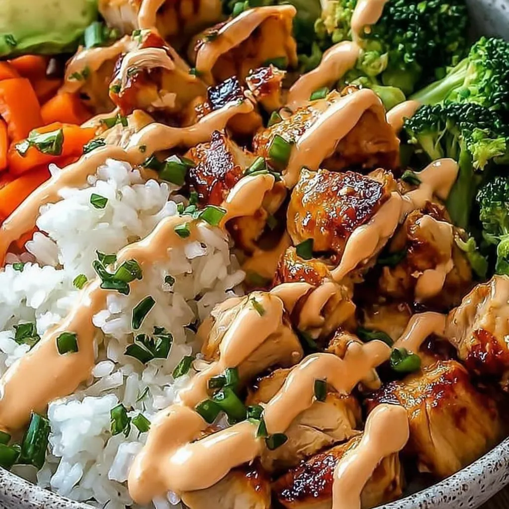 A bowl of food with rice, broccoli, carrots, and chicken.