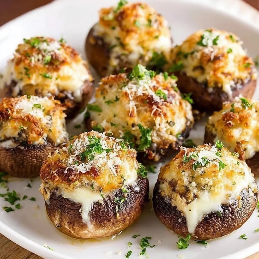 A plate of mushrooms with cheese on top.