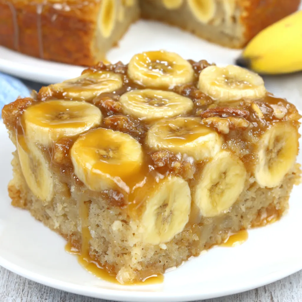 A slice of banana bread with bananas on top.