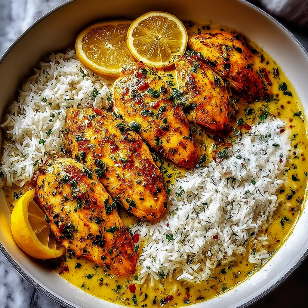 A bowl of rice with chicken and lemon wedges.