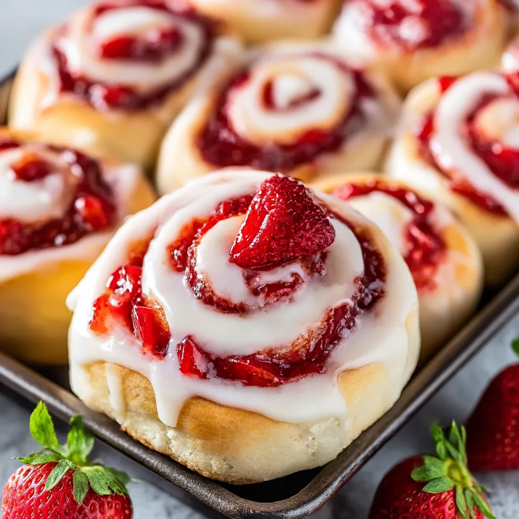 A pan of strawberry swirl rolls.