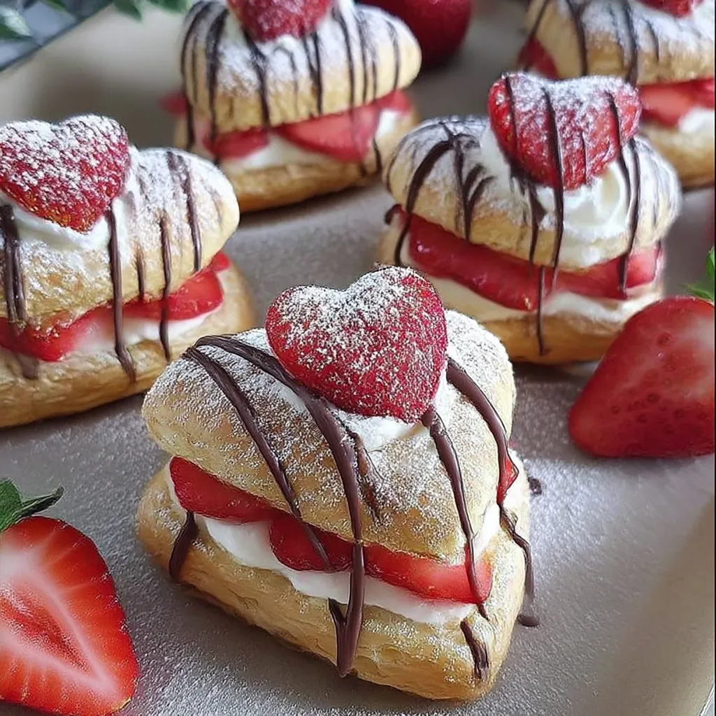 A plate of heart shaped pastries with strawberries on top.