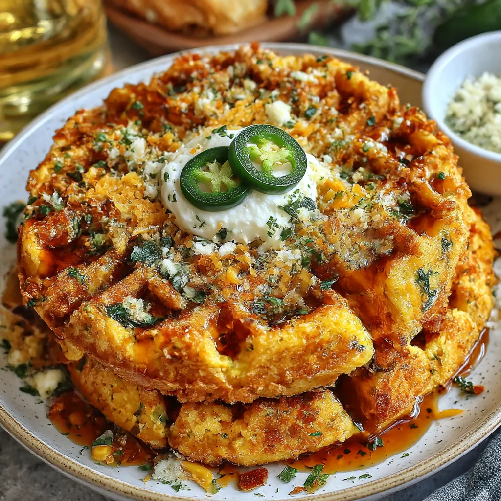 A plate of food with a waffle on top.