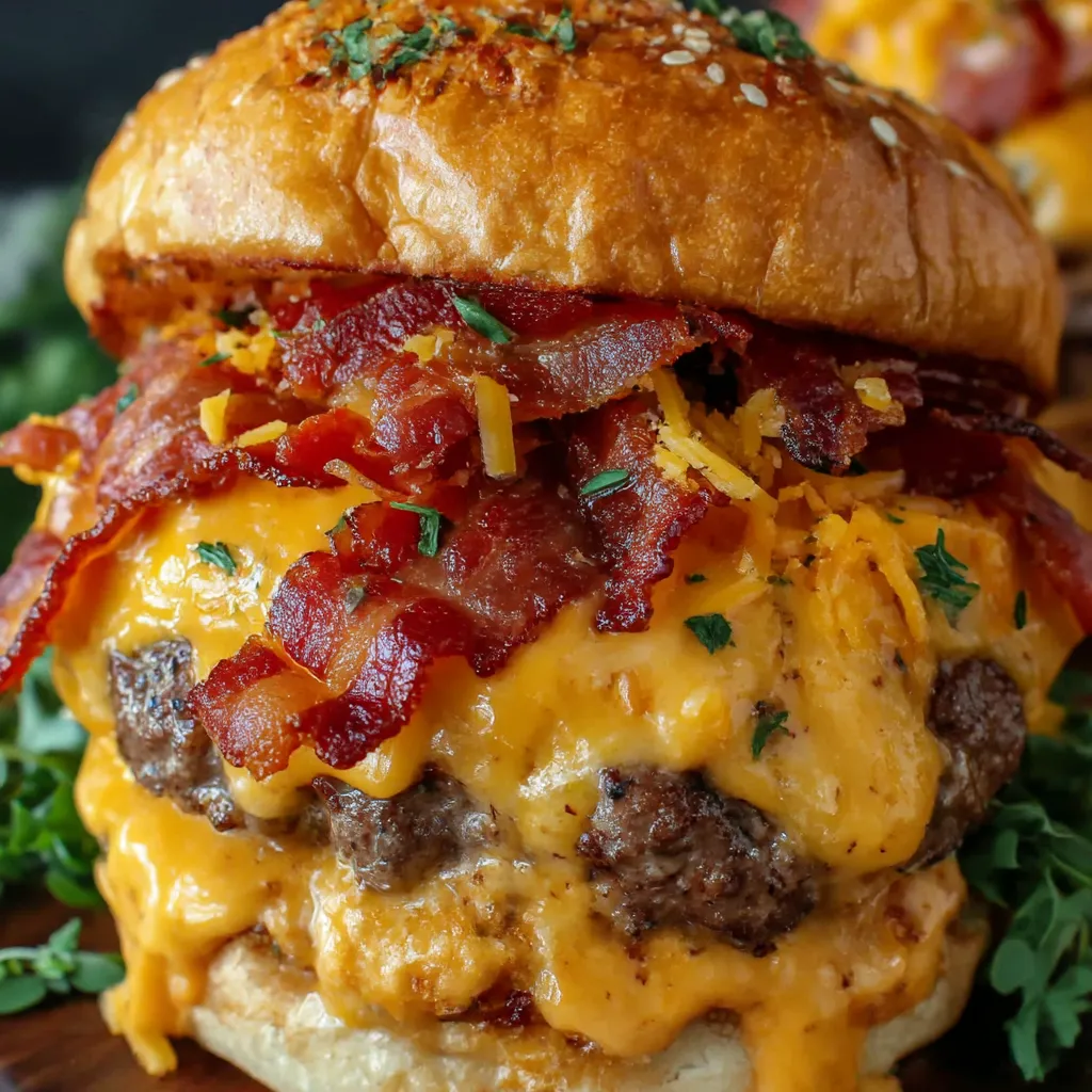 A close up of a bacon cheeseburger.