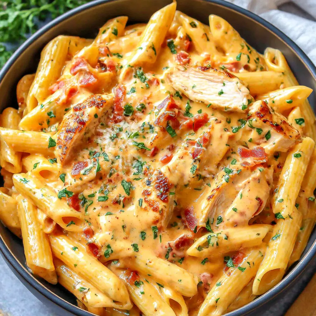 A bowl of pasta with chicken and cheese.