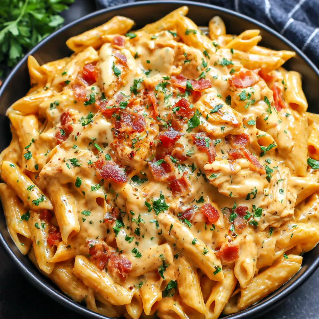 A bowl of pasta with bacon and cheese.