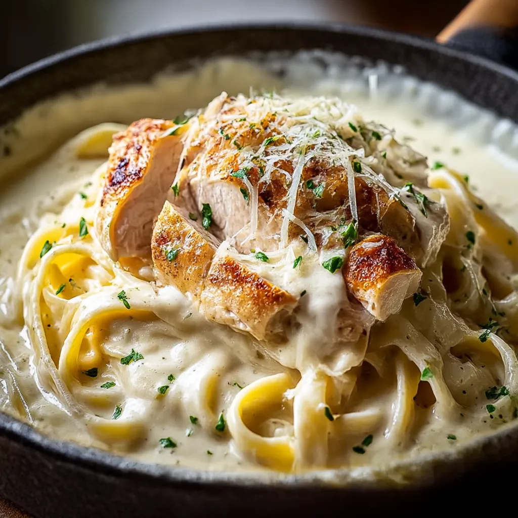A bowl of pasta with chicken and cheese.