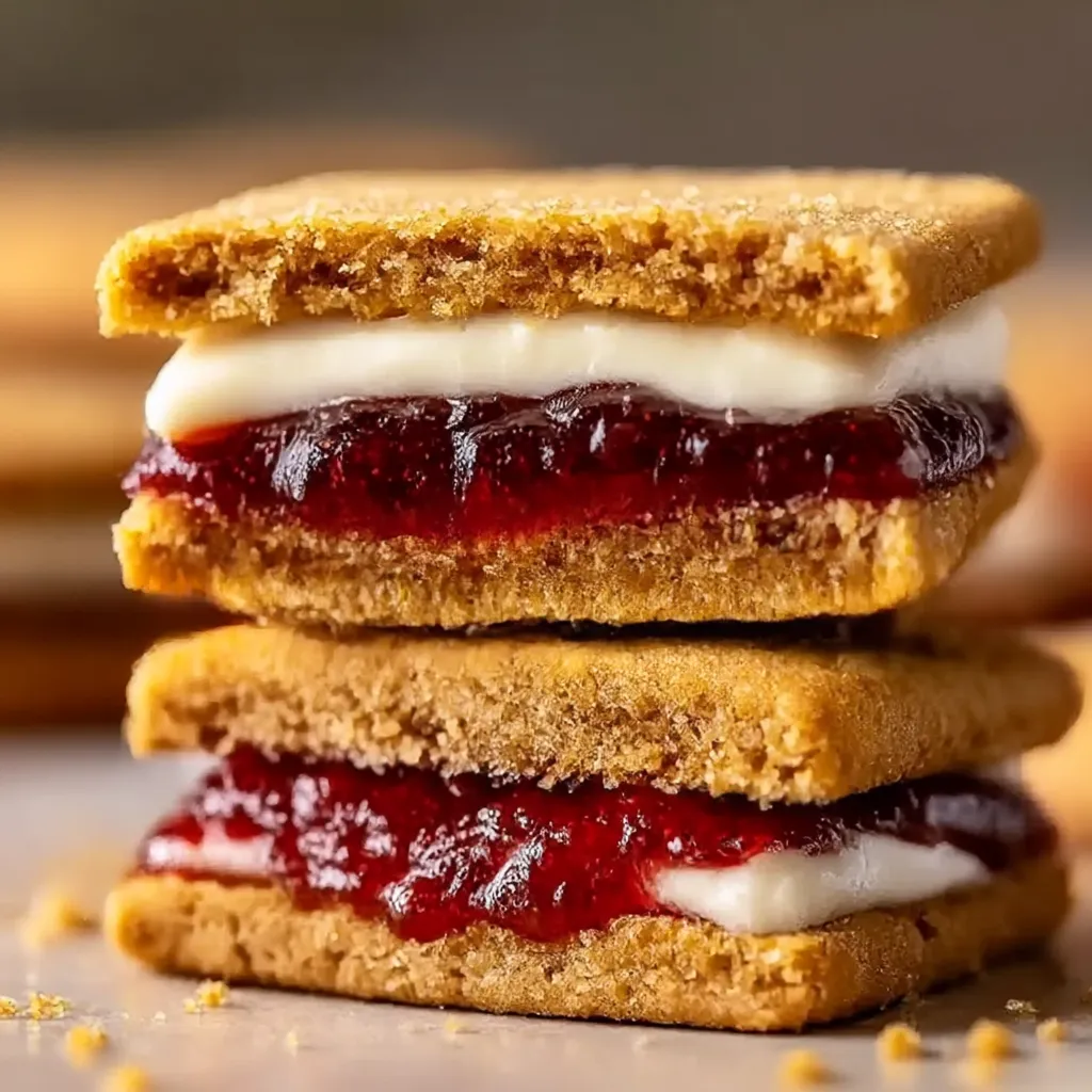 A stack of four cookies with white frosting and red jam.