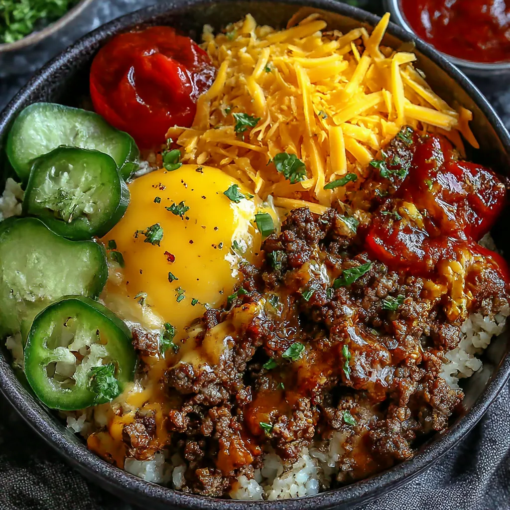 A bowl of food with rice, eggs, tomatoes, and cheese.