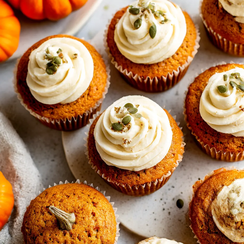 A plate of cupcakes with white frosting and pumpkin seeds.
