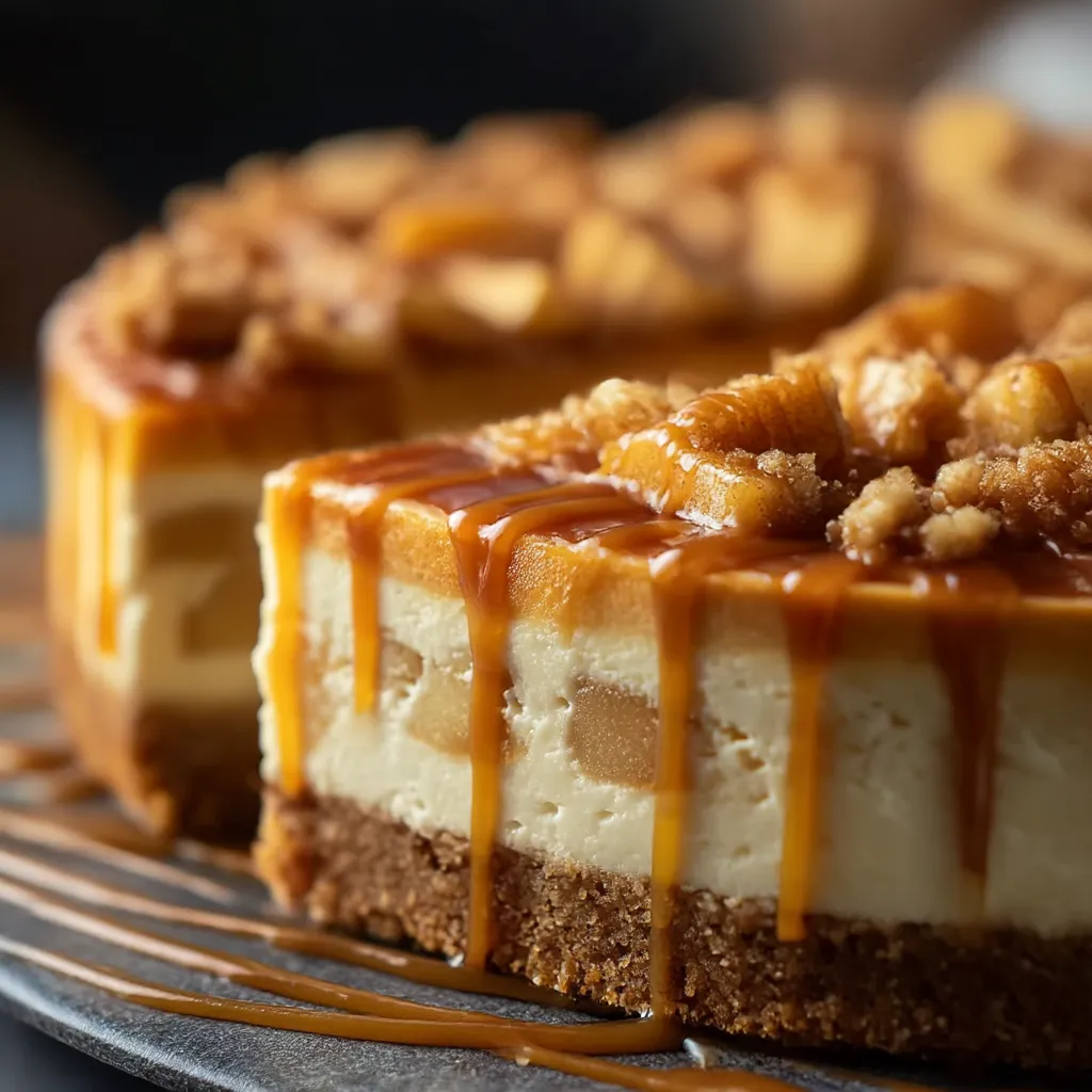 A slice of cheesecake with caramel drizzle.