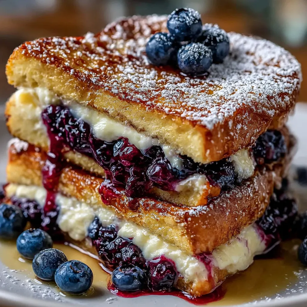 A stack of French toast with blueberries on top.