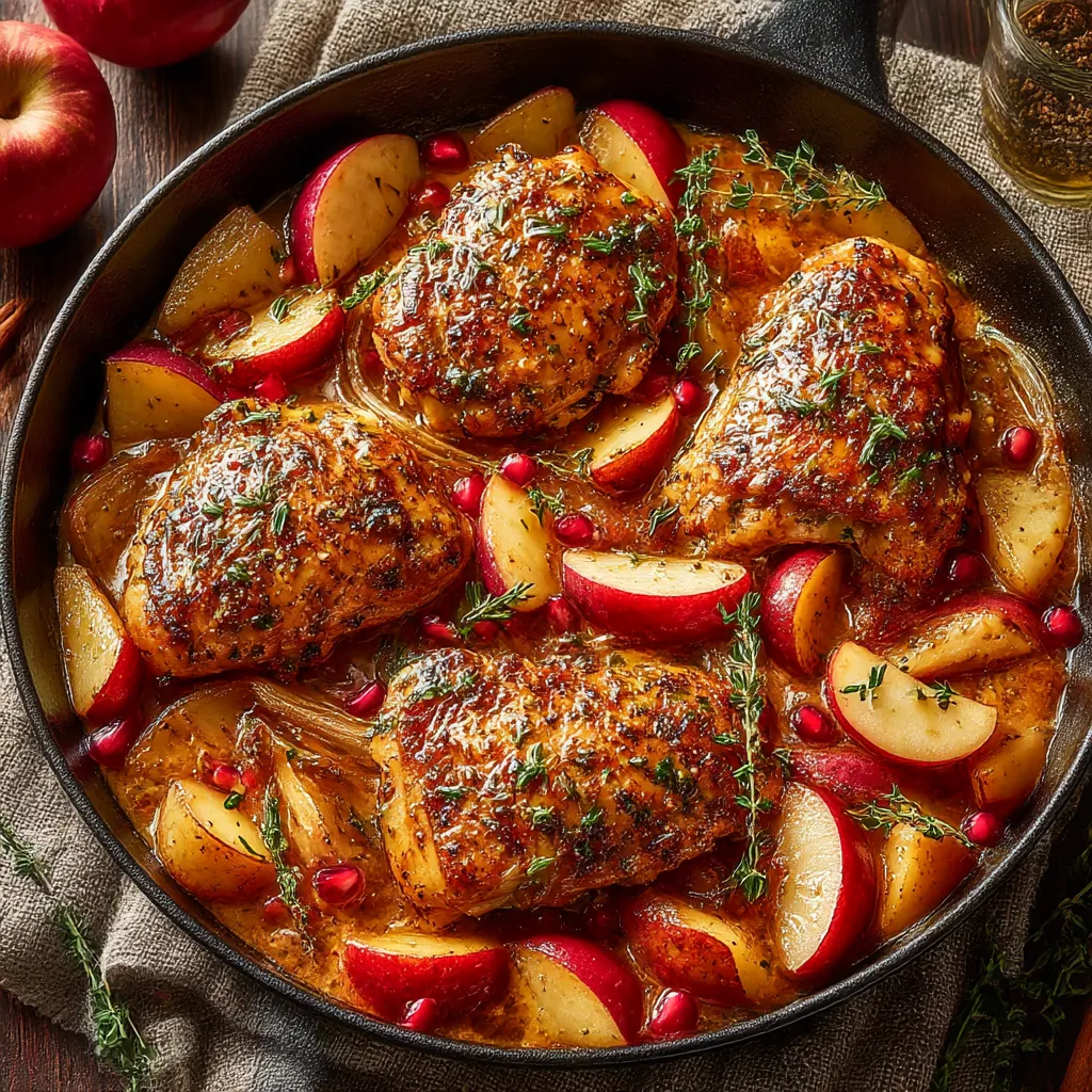 A pan of chicken with apples and onions.