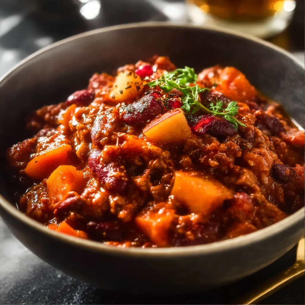 A bowl of chili with a spoon in it.