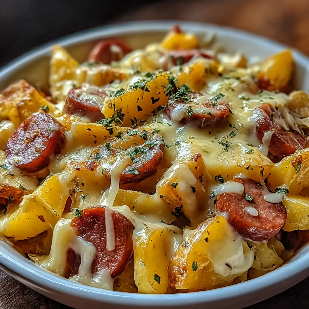 A bowl of food with a hot dog and cheese.