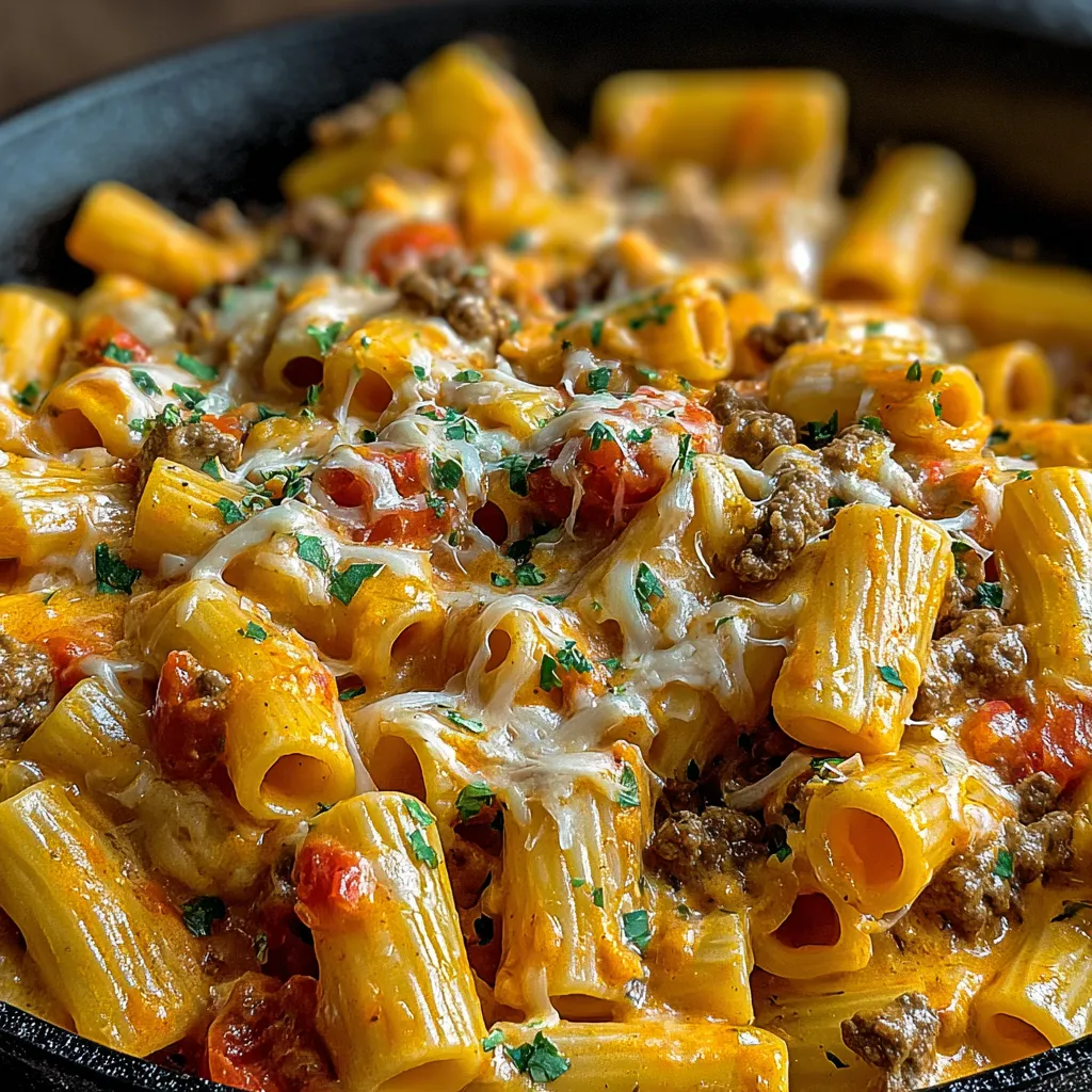 A bowl of pasta with meat and cheese.