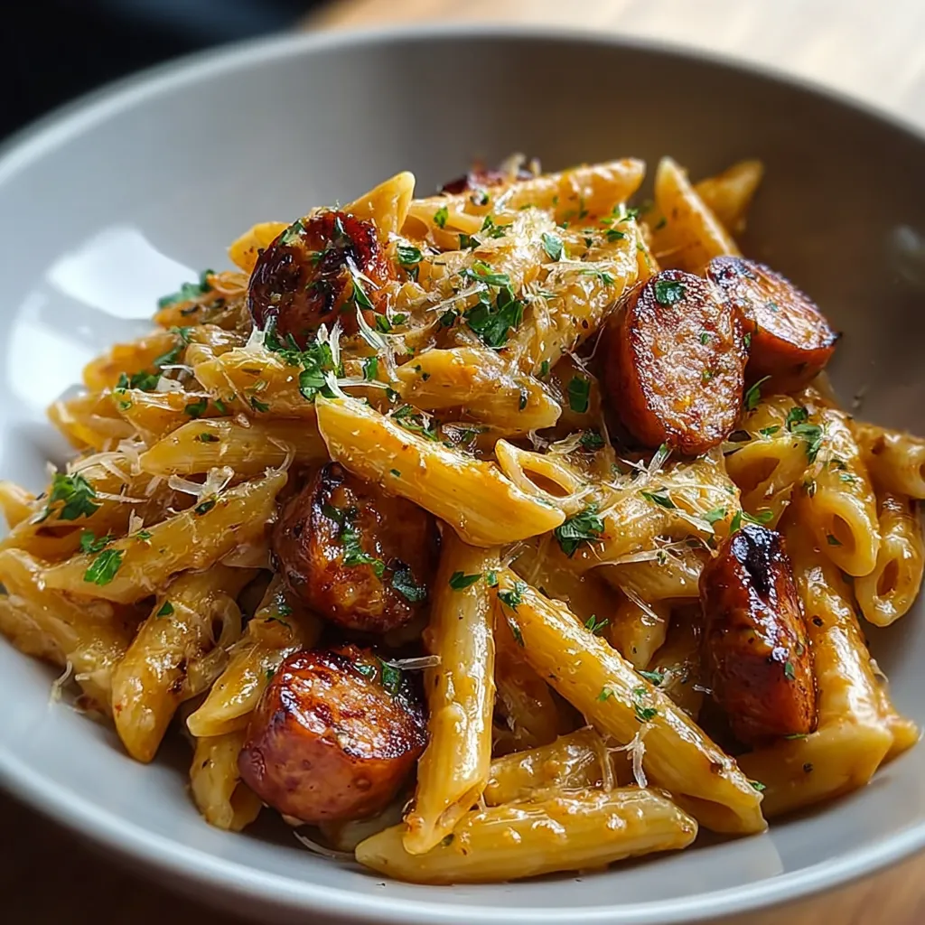A bowl of pasta with sausage and cheese.