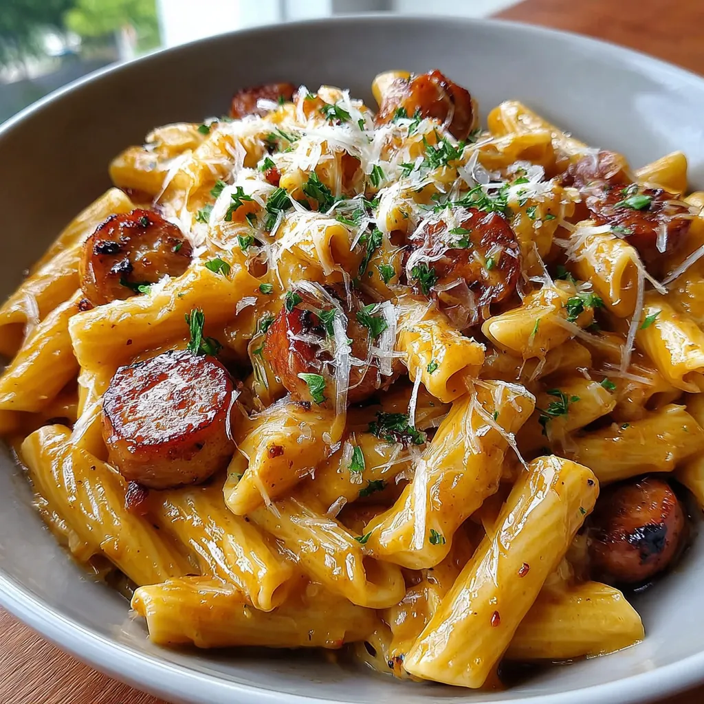 A bowl of pasta with sausage and cheese.