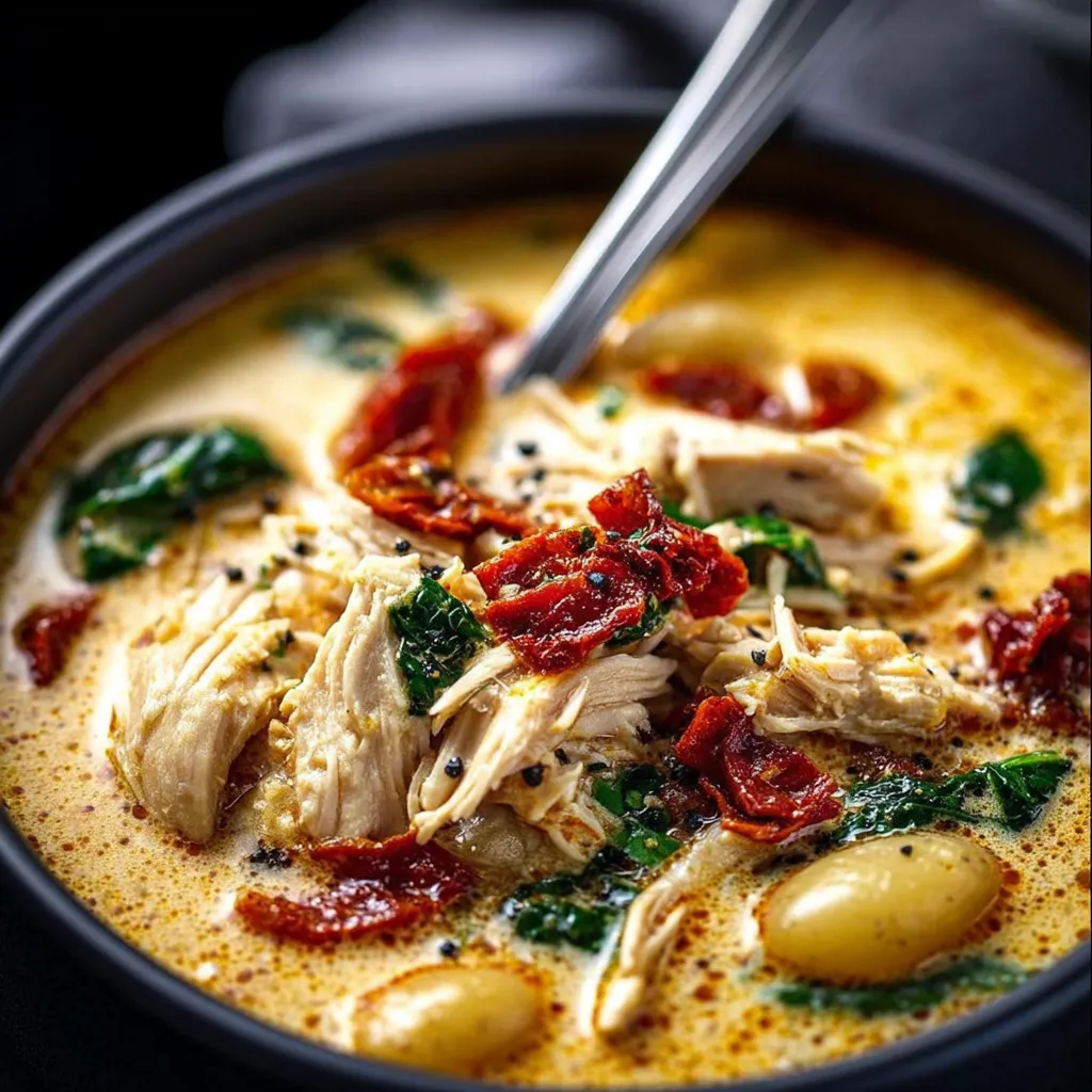 A bowl of soup with chicken and vegetables.