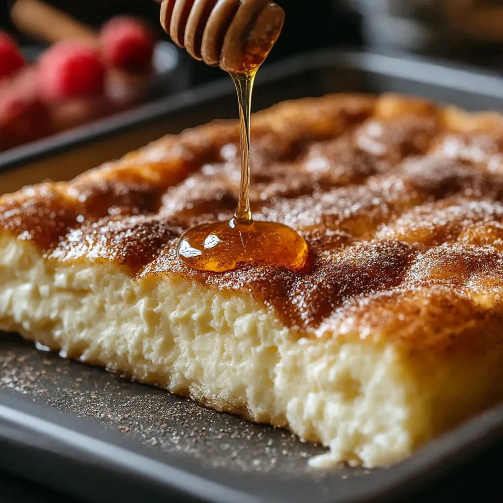 A slice of cake with honey drizzled on top.