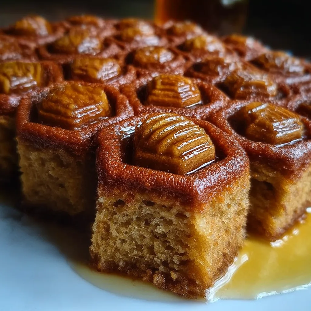 A plate of cake with syrup dripping off.