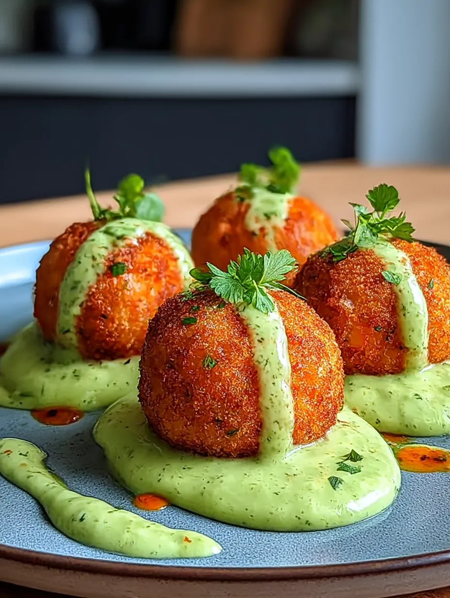 Three orange balls with green sauce on a plate.