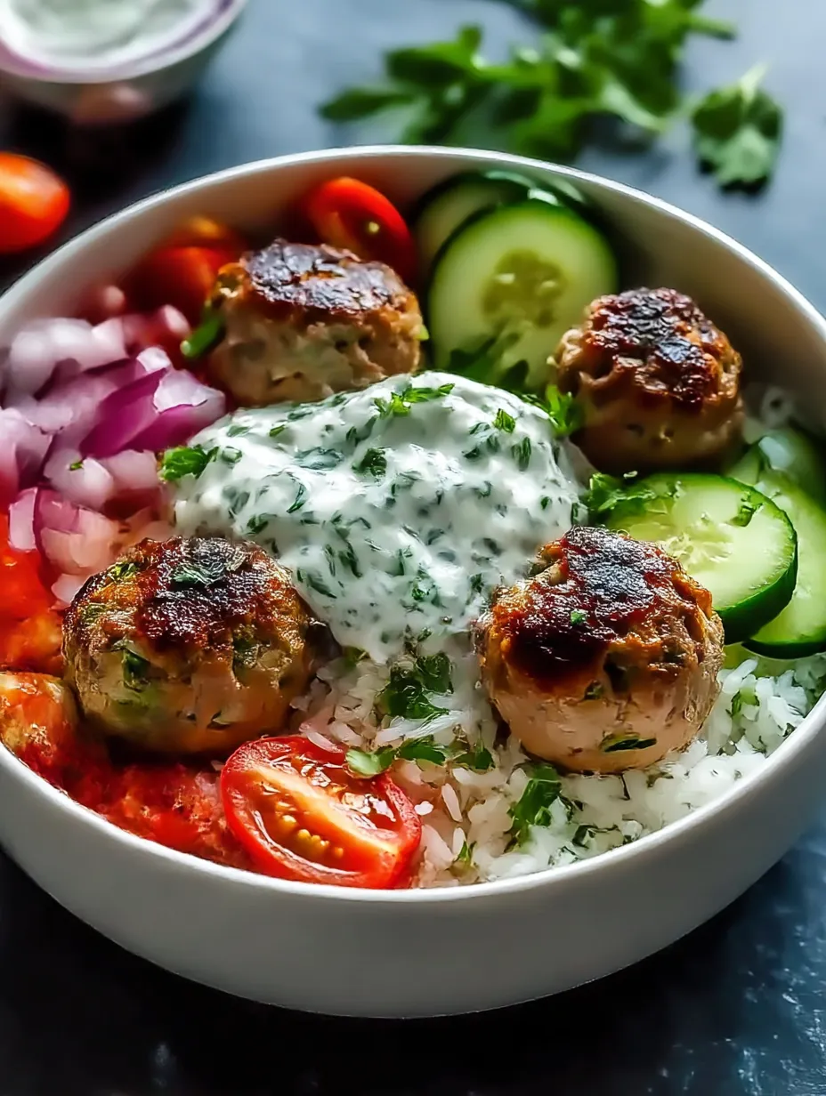 A bowl of food with meatballs, tomatoes, cucumbers, and onions.