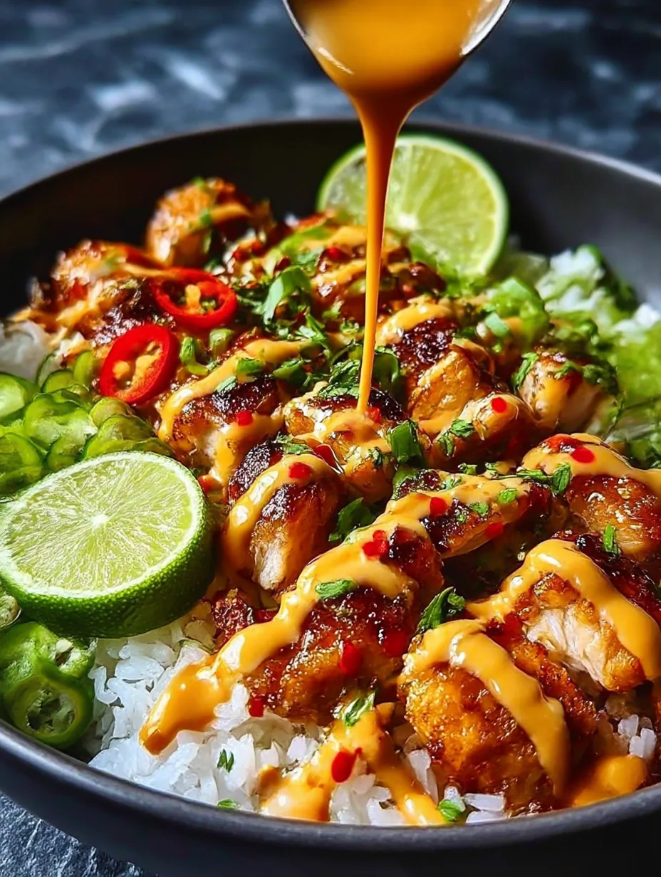 A bowl of food with sauce drizzled on top.