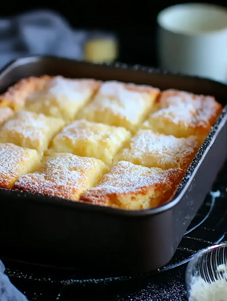 A pan of cake with powdered sugar on top.