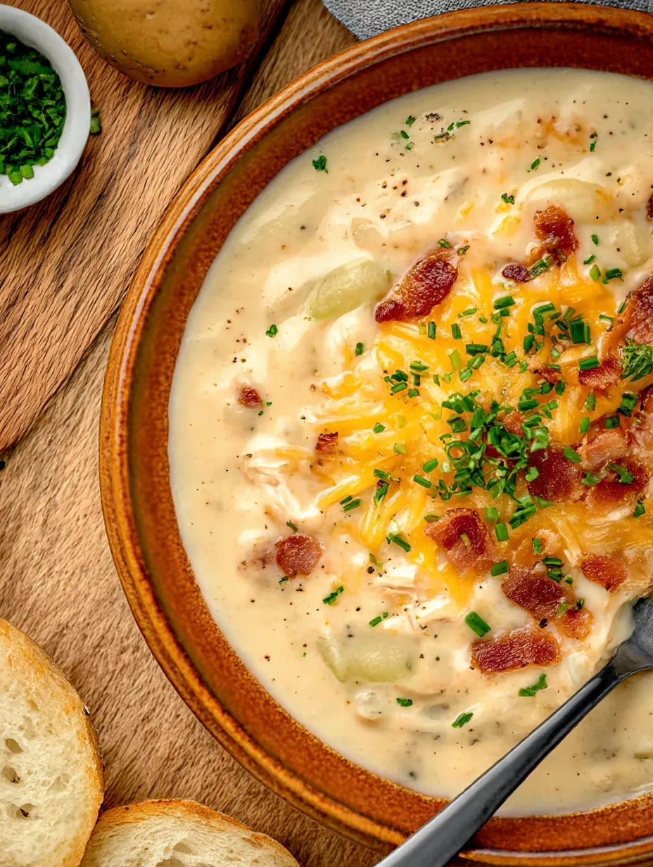 A bowl of soup with bacon and cheese.