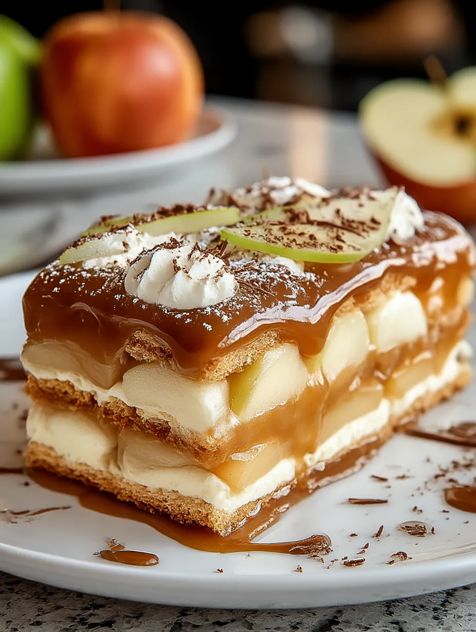 A slice of pie with caramel sauce on top.