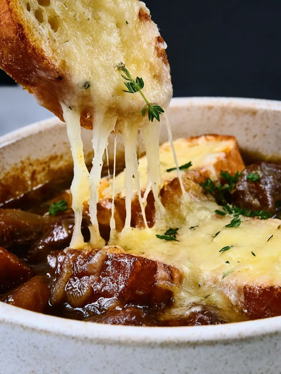 A slice of cheese is being pulled from a bowl of soup.