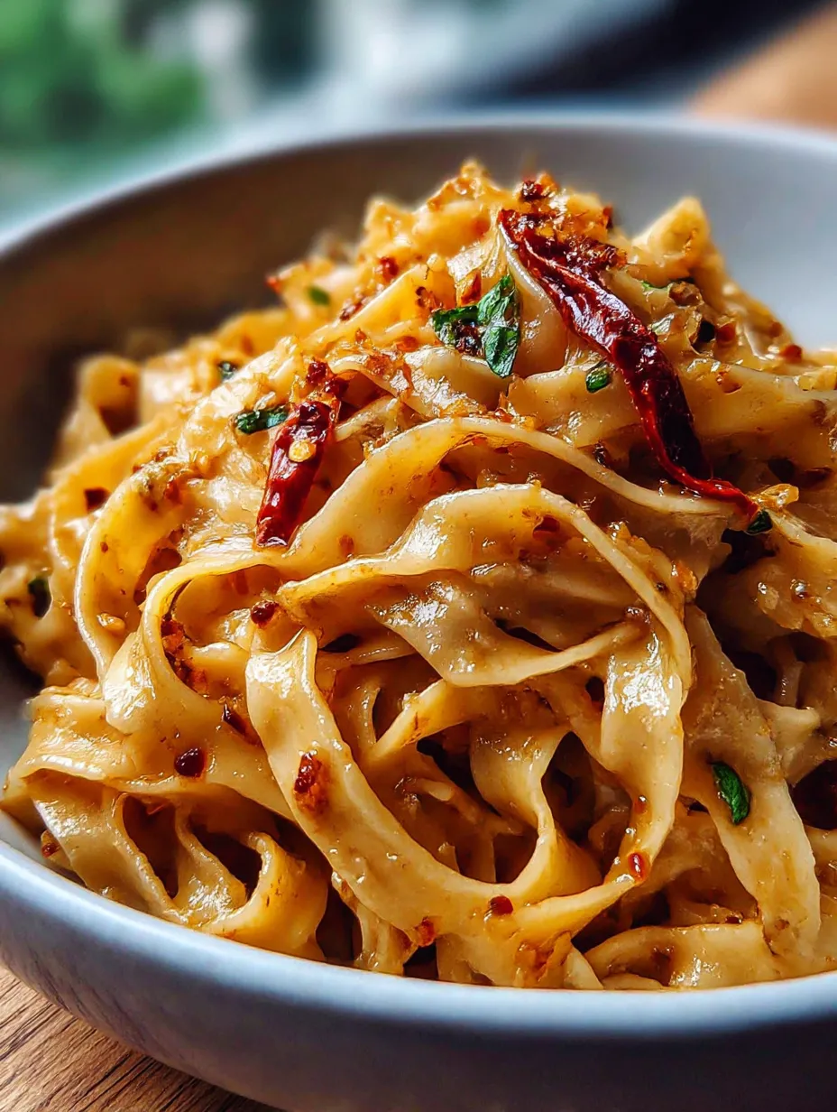 A bowl of noodles with peppers and spices.