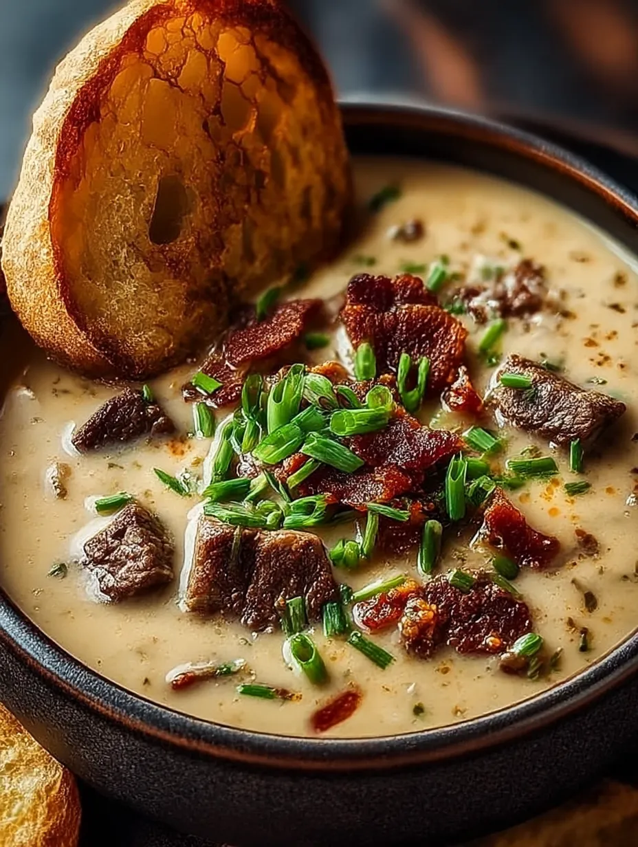 A bowl of soup with a piece of bread and a slice of bacon.