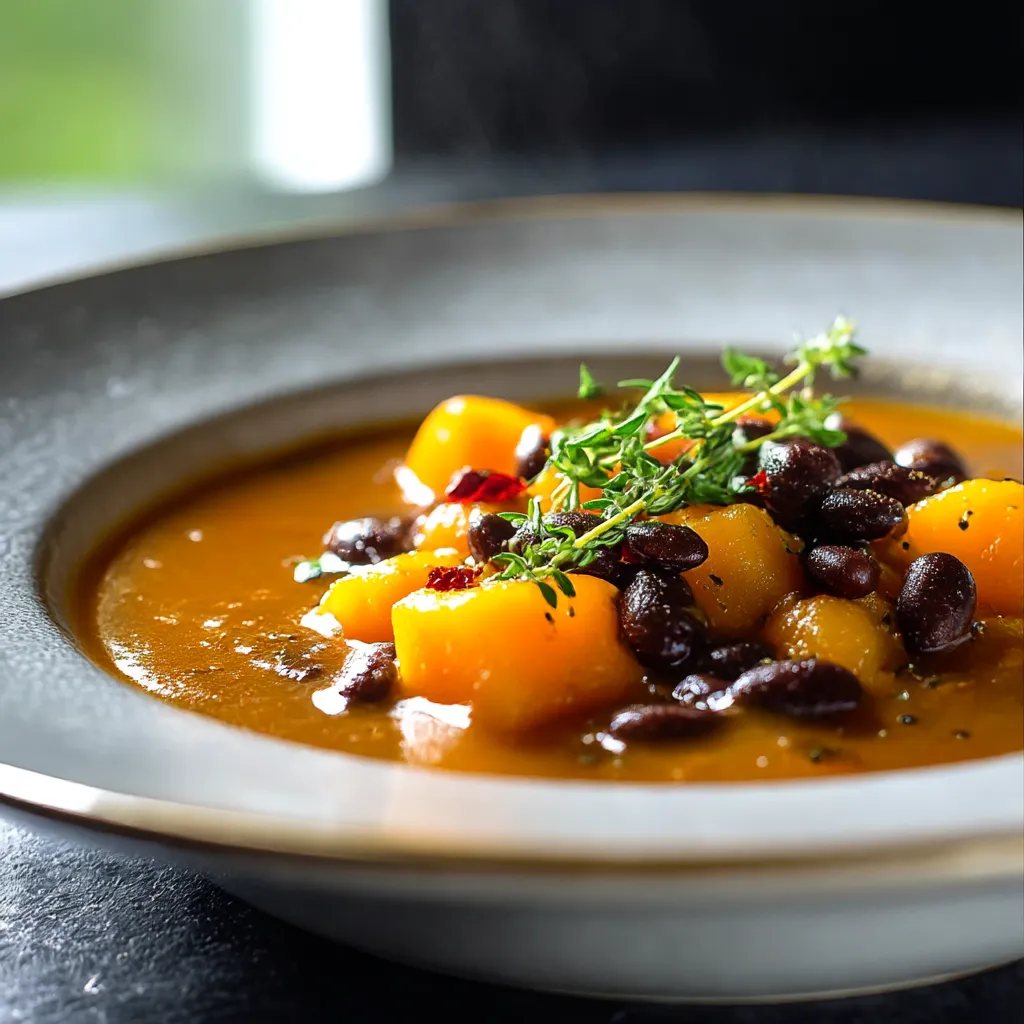 A bowl of soup with a garnish of herbs.