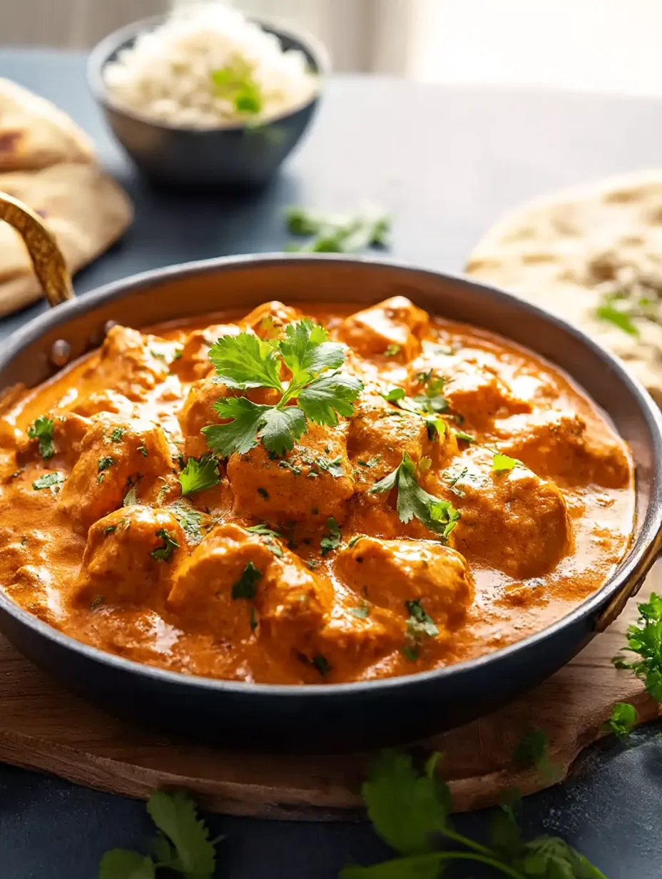 A bowl of chicken curry with a green garnish.