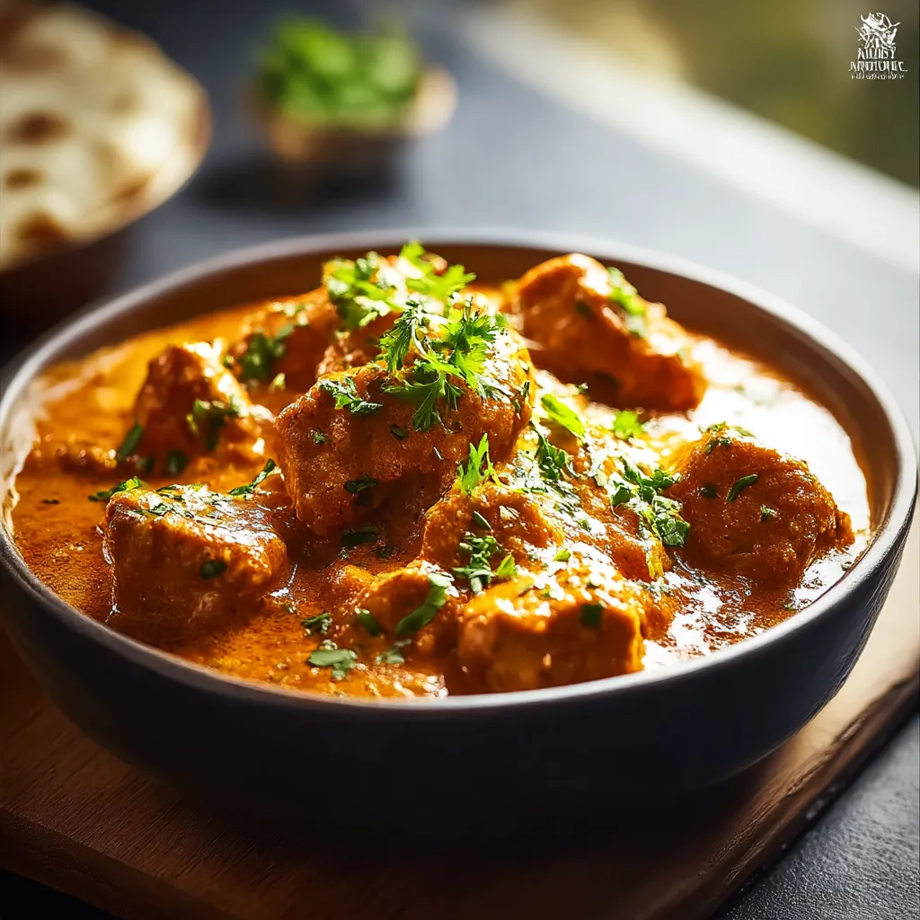 A bowl of chicken curry with garnish.