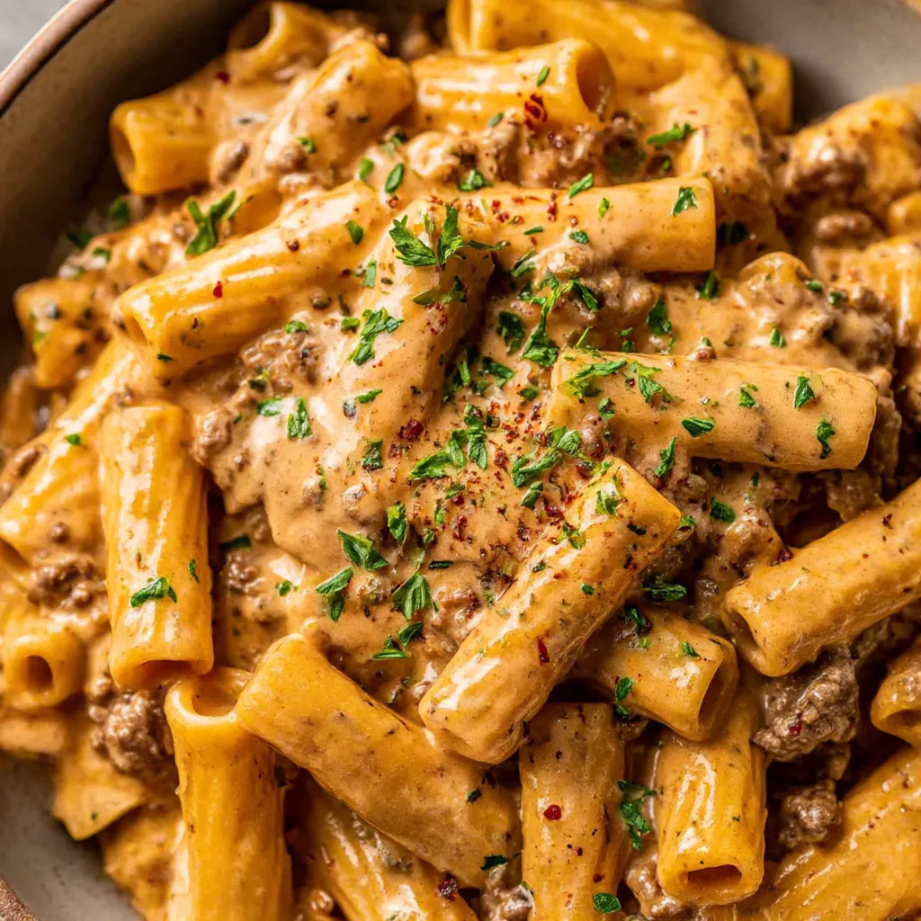 A bowl of pasta with meat sauce.