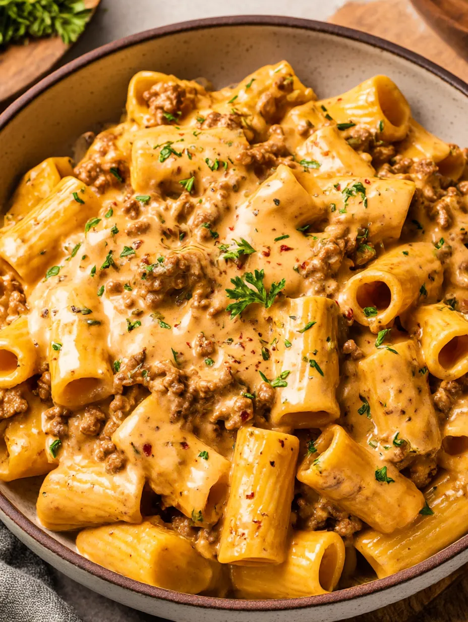 A bowl of pasta with meat sauce.
