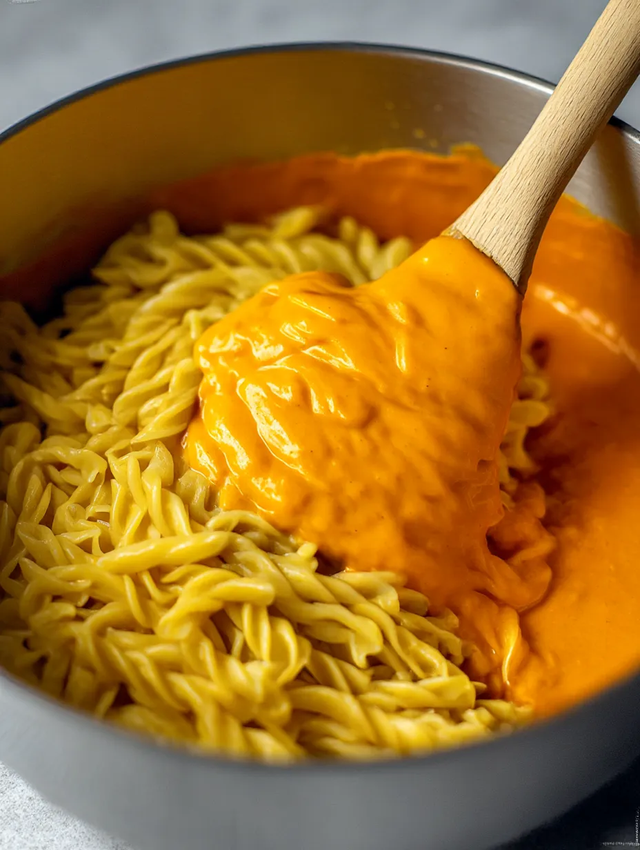 A wooden spoon in a bowl of orange sauce.