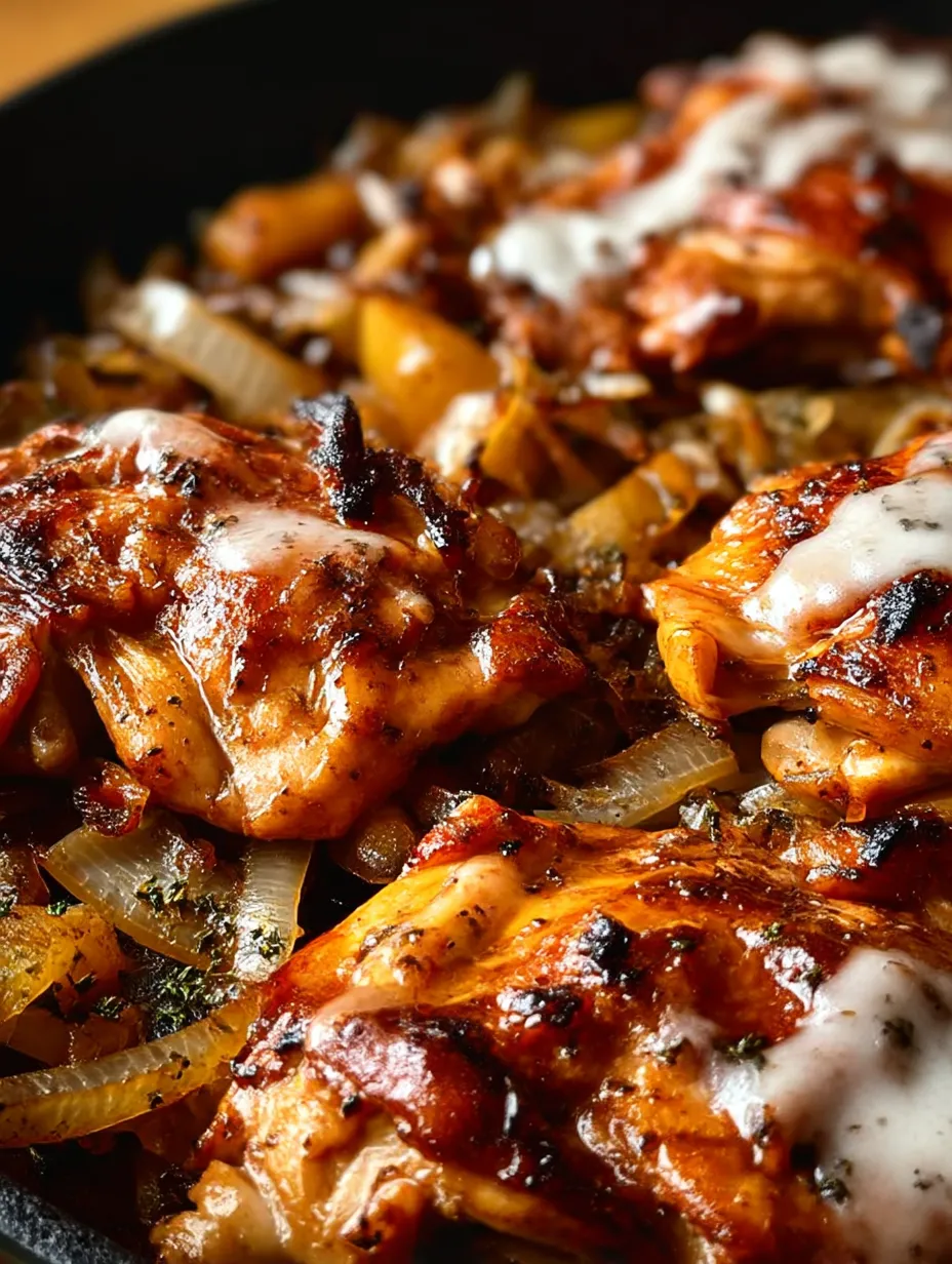 Chicken with onions and cheese.