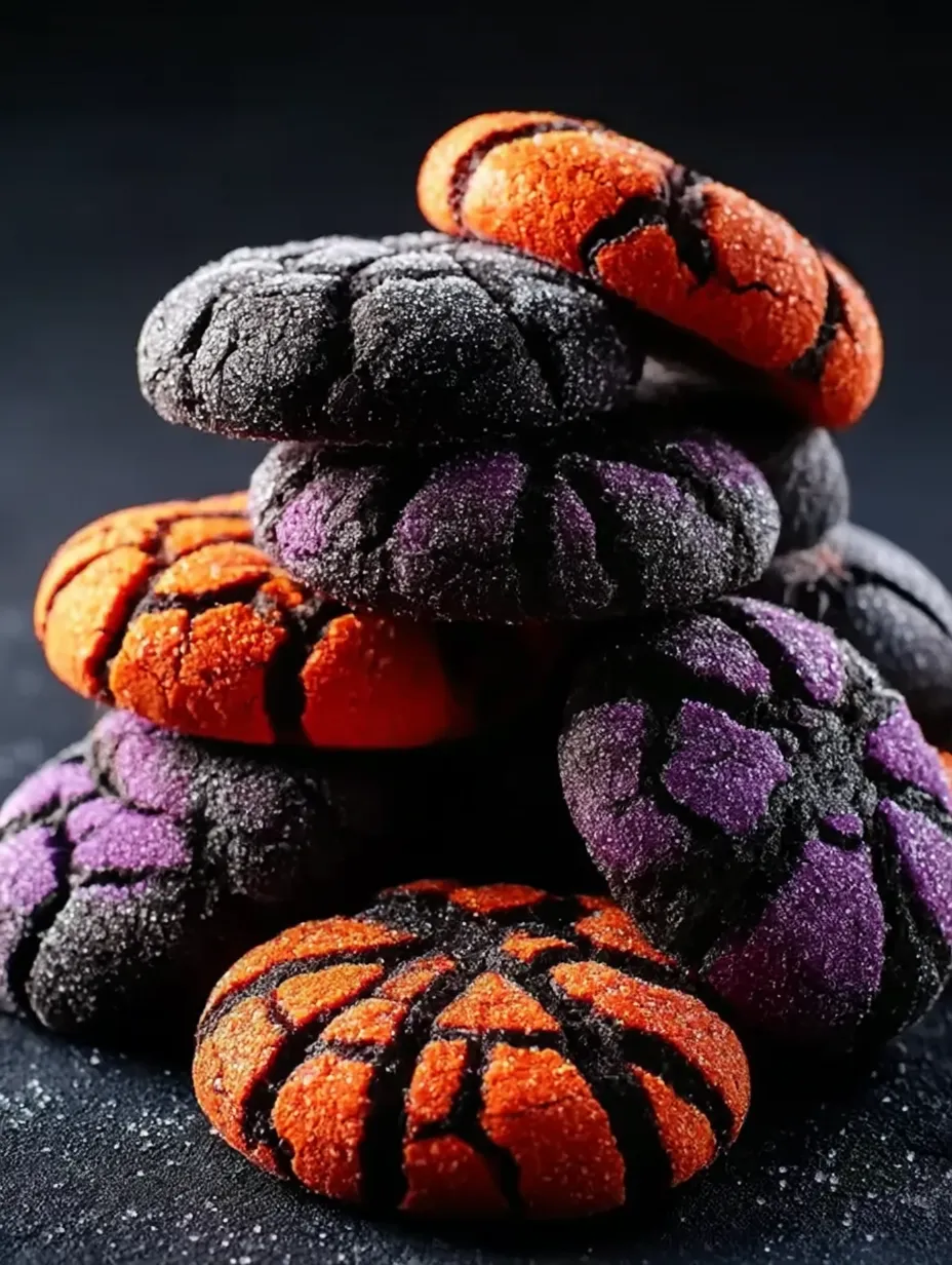 A stack of cookies with orange and purple frosting.
