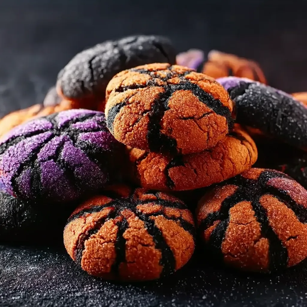 A pile of cookies with black and orange icing.