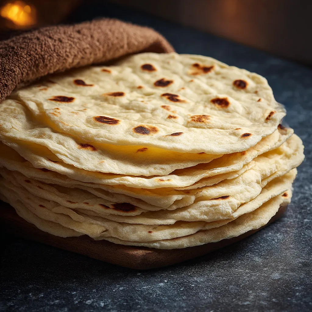 A stack of tortillas on a table.