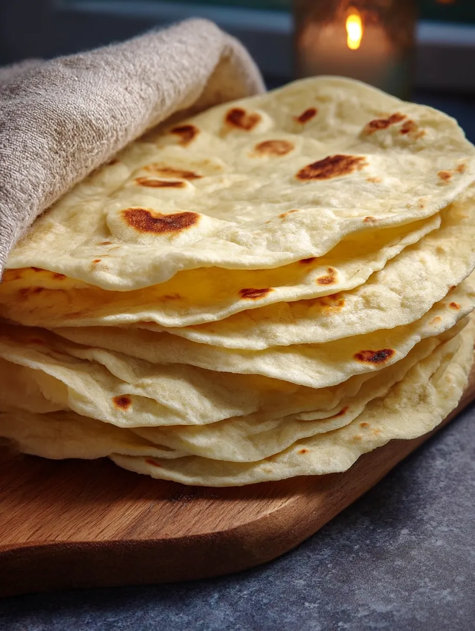 A stack of tortillas on a wooden cutting board.