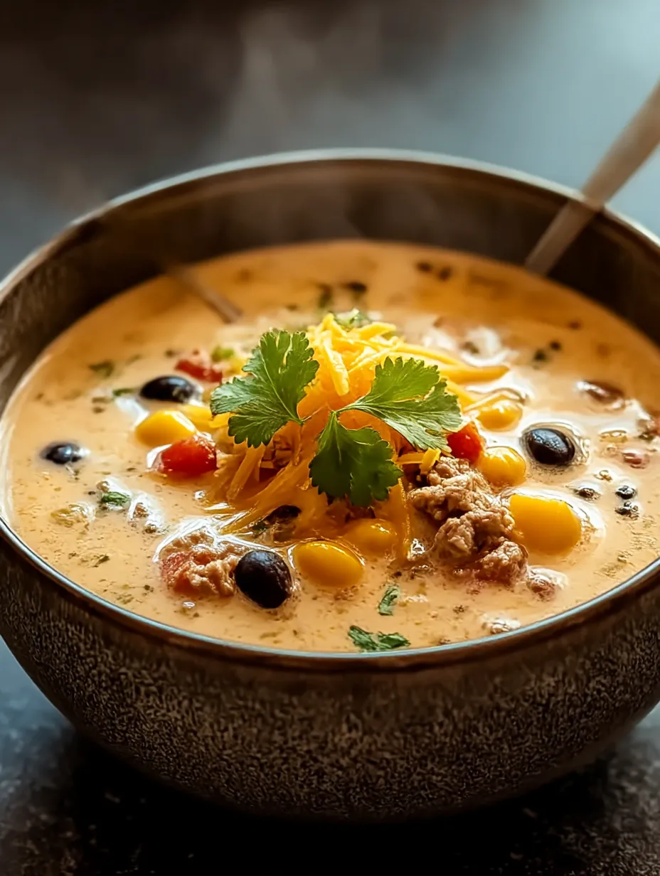 A bowl of soup with a spoon in it.
