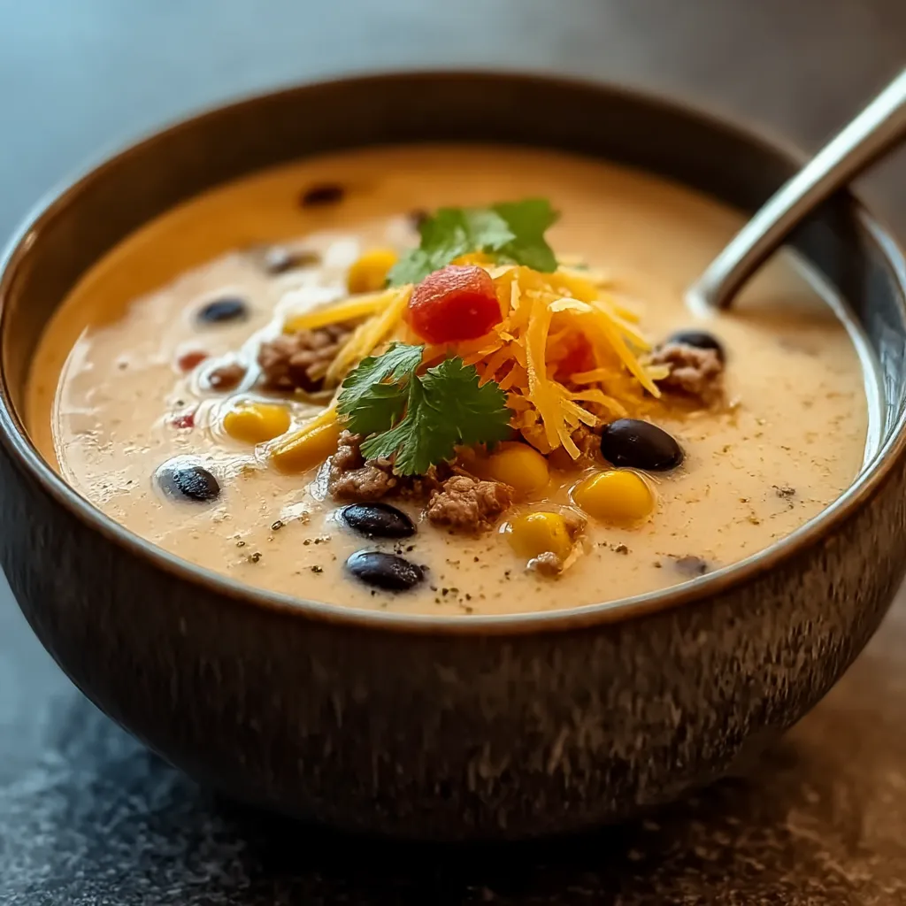 A bowl of soup with a spoon in it.