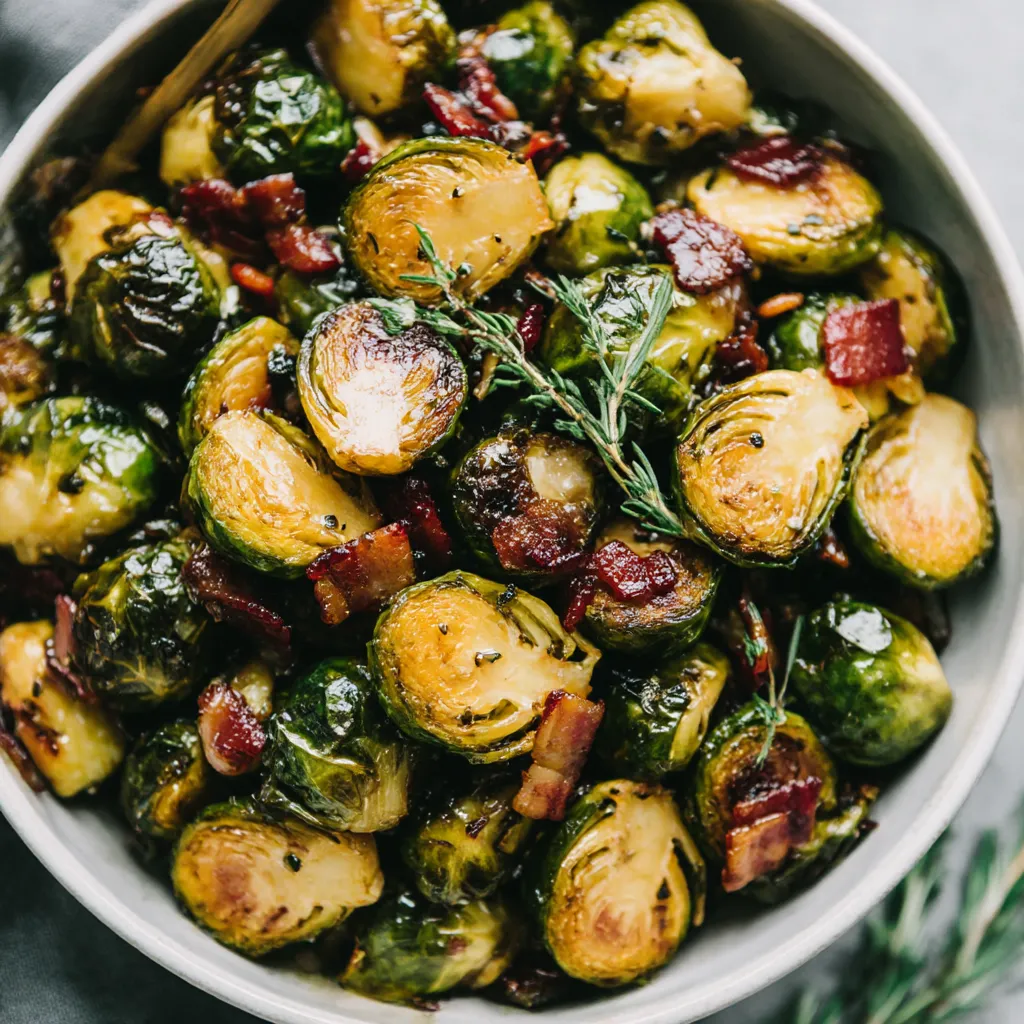A bowl of bacon and brussels sprouts.